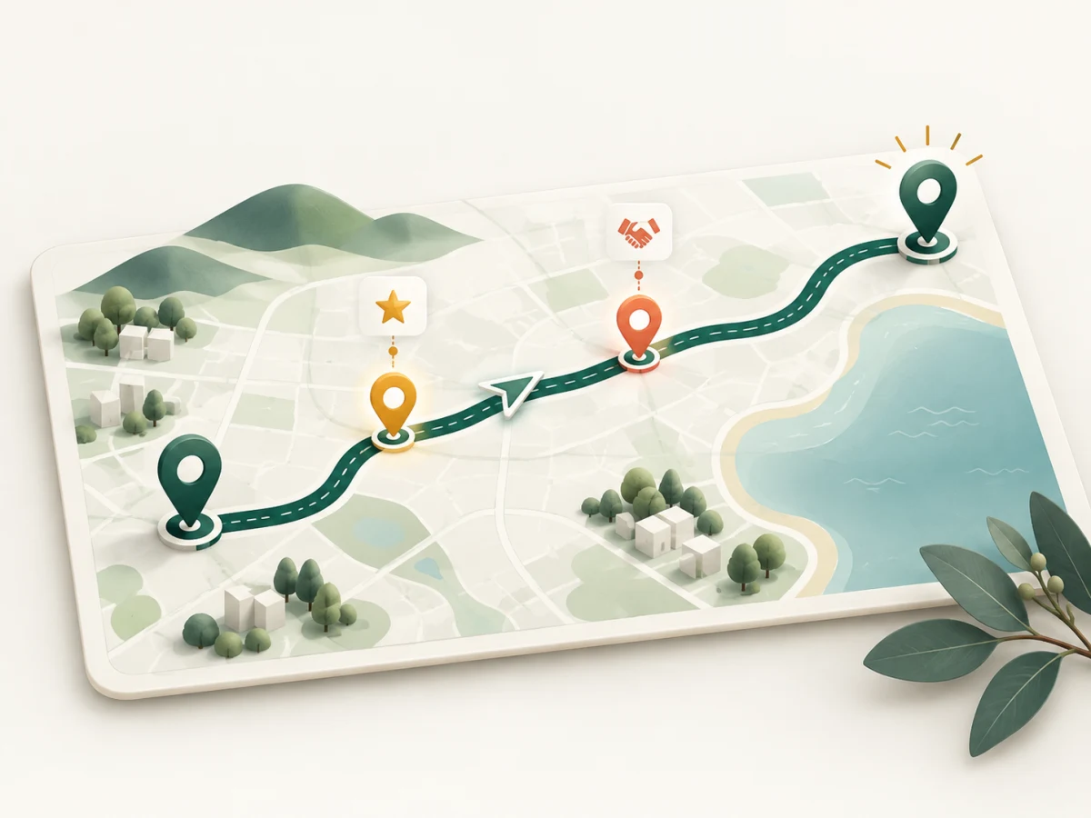 A planned client journey with worthwhile business opportunity stops along the route